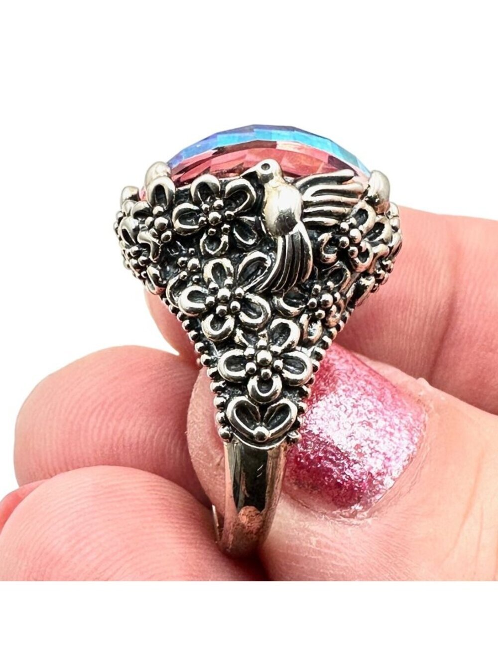 JTV Womens Ring Sterling Silver Mystic Topaz Bird Flower Design Size 6